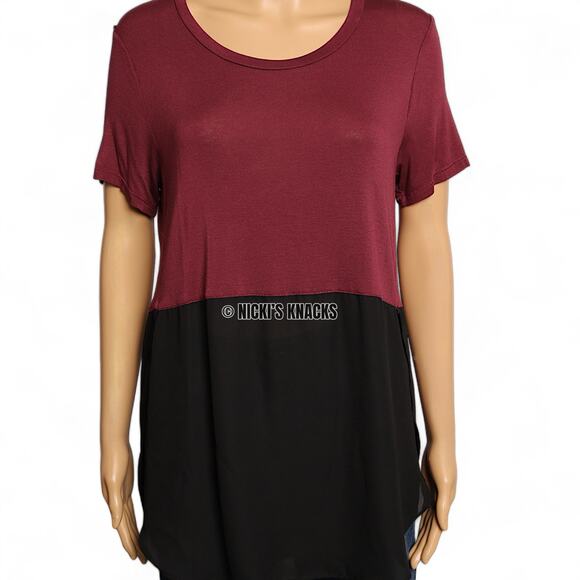 Lush Stitch Fix Maroon Black Colorblock Top Sheer Mixed Media Scoop Neck Size M - Picture 3 of 10